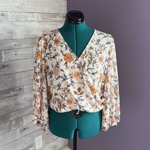 Joie Floral Wrap Blouse in Cream with Gold and Blue Print